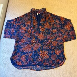 Pilcro and the Letterpress Lined Ruffle Neck Button Front Floral Print Blouse, M